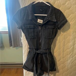 Short Sleeve Denim Romper - Washed Black